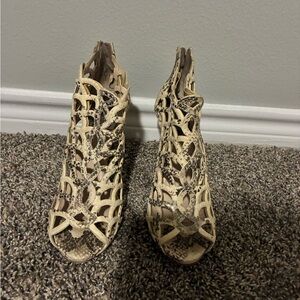 Vince Camuto Beige Snake-Print Cutout Heeled Booties